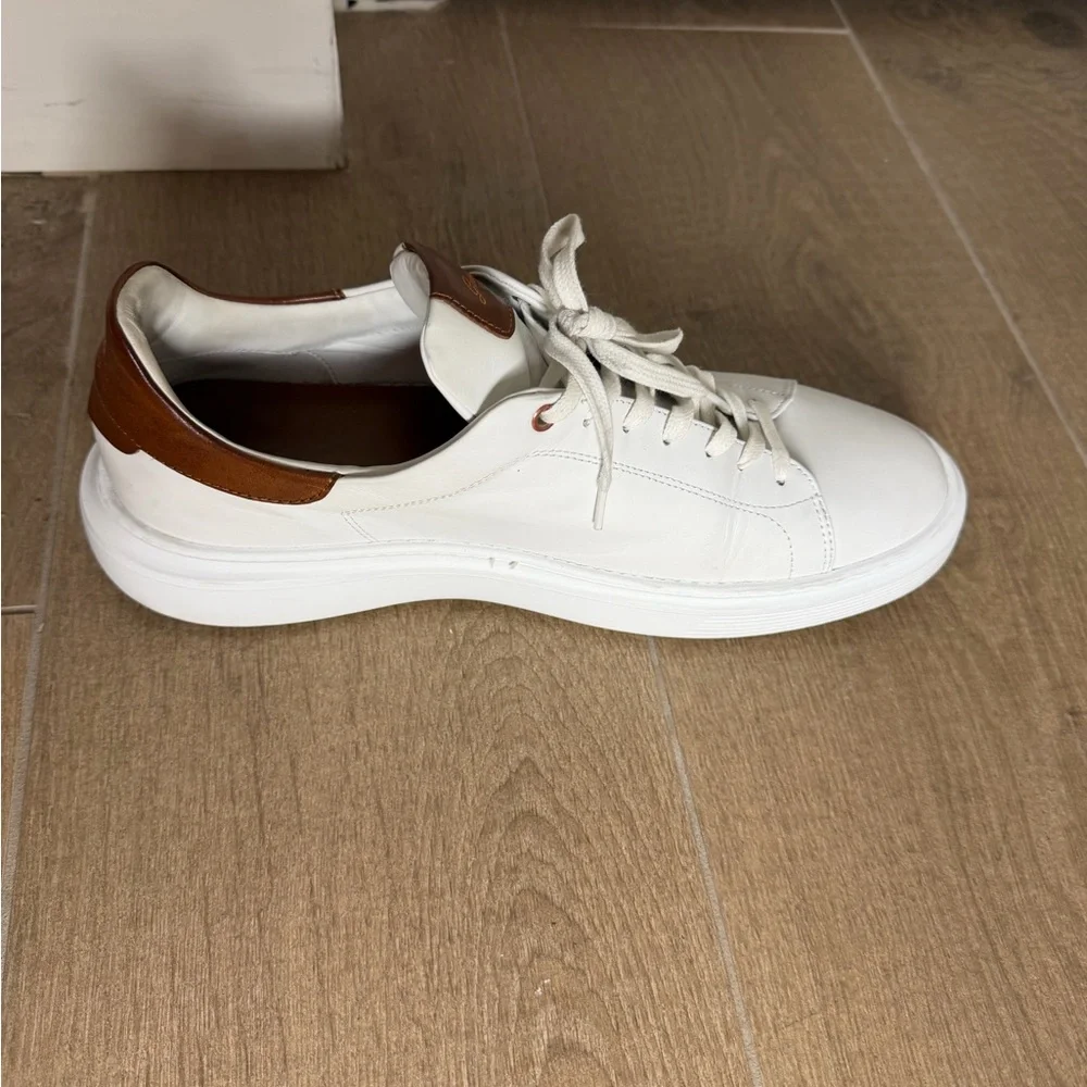 White Leather Low-Top Sneakers with Brown Leather Accents - Picture 3 of 11